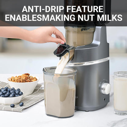 AMZCHEF Juicer Machines, 5.3" Extra Self-Feeding Cold Press Juicer for Whole Vegetable & Fruit, Juice Extractor Machine with Large Auger & Triple Strainers, Easy to Clean, High Juice Yield, Grey