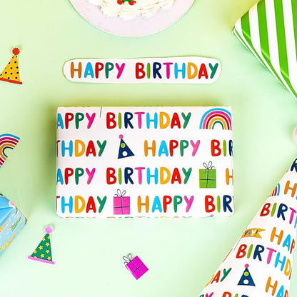 WRAPAHOLIC Mini Birthday Wrapping Paper Rolls - 3 Rolls, 17 Inch X 120 Inch Each - Happy Birthday Lettering and Stripe for Kids, Baby Shower