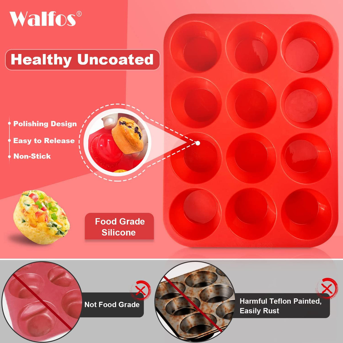 Walfos Silicone Muffin Pan - Cupcake Pans Set of 3, Including 24 Cups Mini Muffin Pans, 12 Cups Regular & 6 Cups Jumbo Muffin Pan, Pop Out Easily
