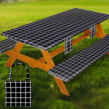 Picnic Table Cover with Bench Covers Vinyl Elastic Edges Fitted Rectangle Seat Tables Waterproof 3-Piece72X30in Set Outdoor Rectangular Folding Backing Tablecloth for Camping Over Size
