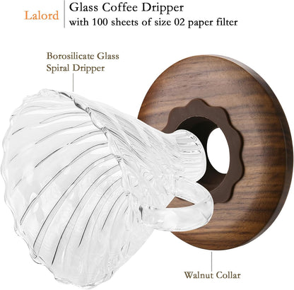 Pour Over Coffee Dripper with 100 pcs of Size 02 Paper Filter, Borosilicate Glass & Walnut Collar, Drip Coffee Maker, 1-3 Cups, Clear (Coffee Dripper)