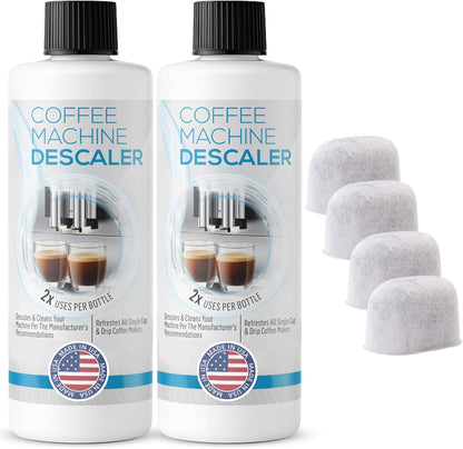Keurig Compatible Descaling Solution - Descaler Cleaner Concentrate Kit For All 1.0 & 2.0 K-Cup Pod Machines and Espresso Machines - (2 Bottles, 4 Uses Plus 4 Filters)