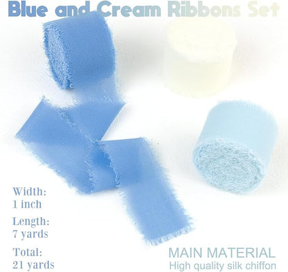 Blue Chiffon Ribbon 1 Inch x 21Yds Handmade Fringe Chiffon Silk Ribbon Blue & Cream Frayed Chiffon Ribbon for Baby Shower Wedding Invitation Flower Bouquets Gift Wrapping