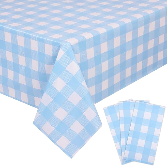 Kesfey 3 Packs Light Blue Gingham Tablecloth Pale Blue and White Checkered Tablecloths 54 x 108 Inches Disposable Plastic Gingham Tablecovers Waterproof Rectangle Picnic Table Cover for Birthday Party