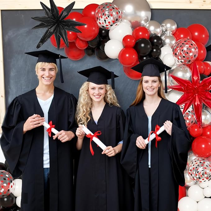 Ouddy Life 142pcs Red and Black Balloon Garland Arch Kit, Class of 2026 Decorations Graduation Red Black and White Sliver Confetti Balloons Foil Star for Anniversary Birthday Racing Car Poker Party