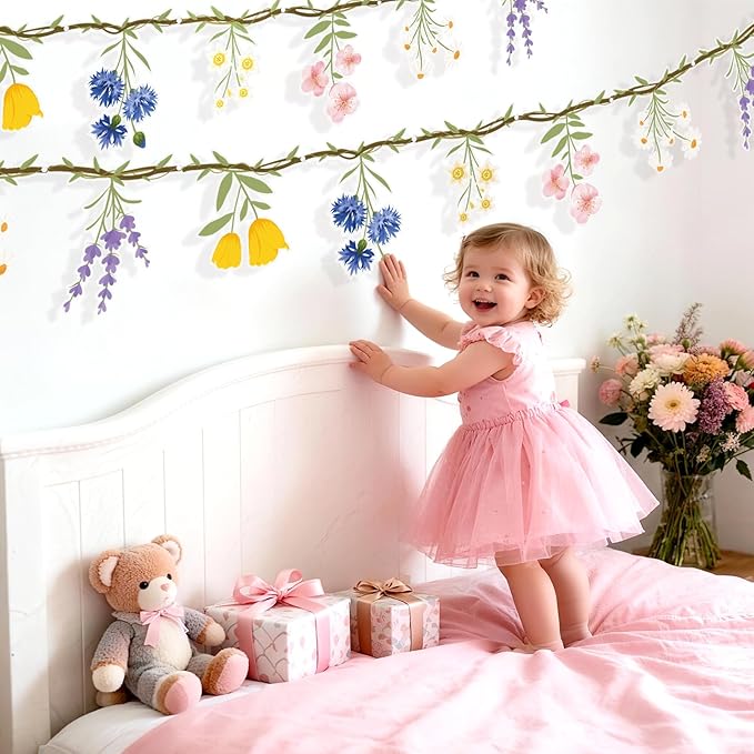 JIAYIQI 2PCS Wildflower Party Decorations, 7.9FT Pre-Strung Floral Garlands for Baby Shower Bloom Birthday Tea Party Wedding, Reusable & DIY Flower Banner for Garden Theme Grad in Bloom & Mothers Day