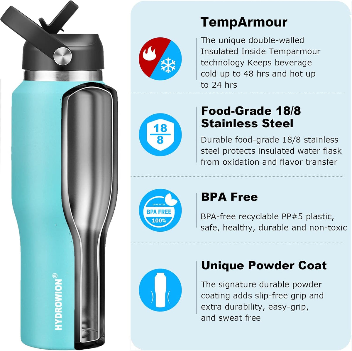 Hydrowion 32oz Stainless Steel Water Bottle(Cold for 48 Hrs, Hot for 24 Hrs), Double Wall Vacuum Insulated Water Bottle with Straw Lid