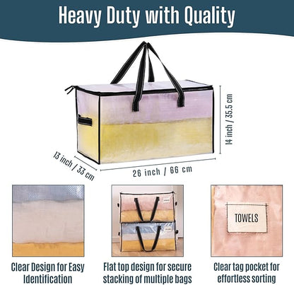 VENO 2 Pack Heavy Duty Moving Bags, Clear Storage Bags for Clothes and Comforters, College Dorm Essentials Packing Supplies, Foldable Boxes Alternative (Clear, 2 Pack)