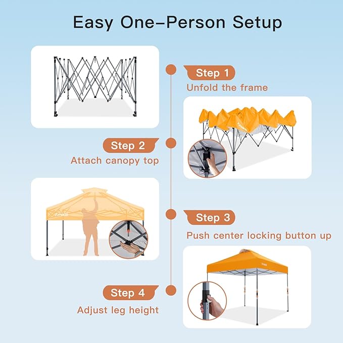 Amada 10x10 Pop Up Canopy - Center Lock One Push Instant Setup Wheeled Gazebo Outdoor Canopy Beach Tent with STO-N-Go Bag 8 Stakes & 4 Sand Bags, 3-Height Adjustable Shade Shelter (10x10ft, Orange)