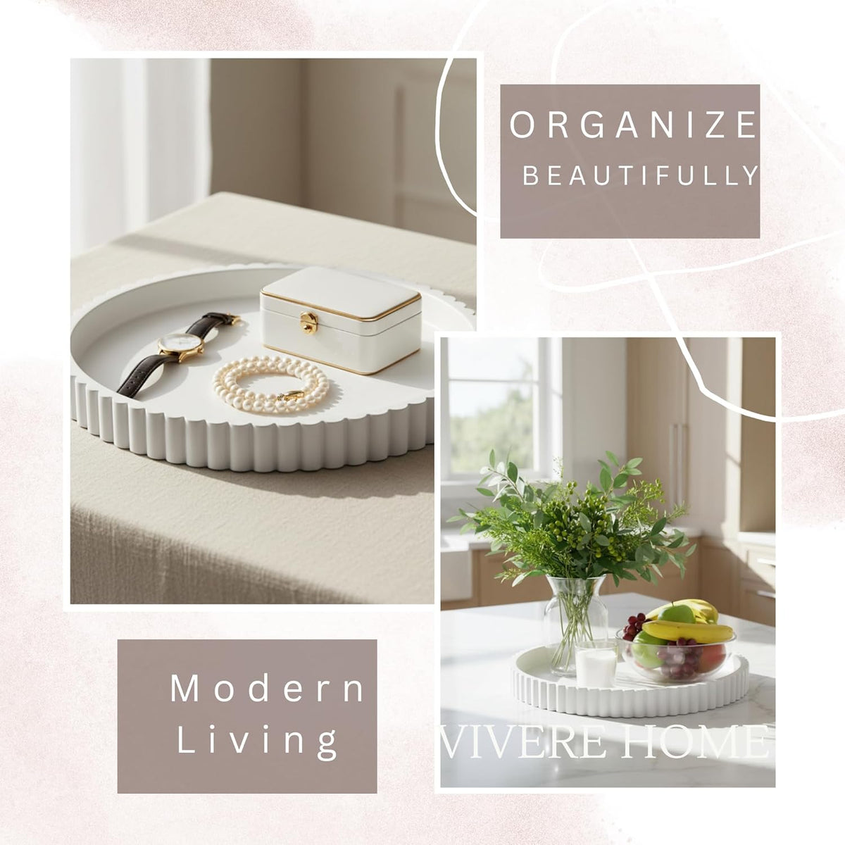 13-Inch Round Coffee Table Tray - Concrete bandejas decorativas Round White Decorative Tray for Coffee Table Decor