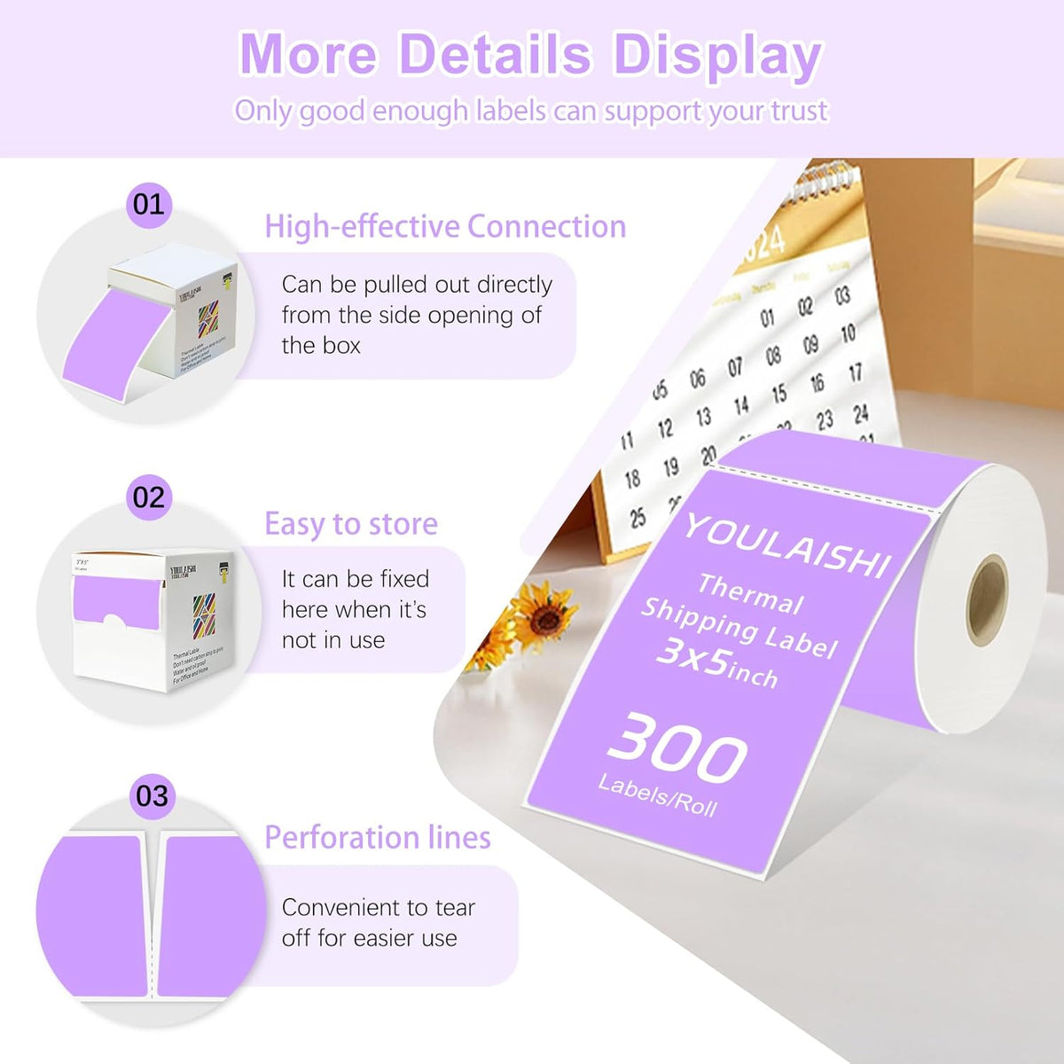 3 X 5 Inch Printable Waterproof Rectangle Color Coding Labels, 300 Per Roll Adhesive Color Coding Stickers for Bar-Codes, Address, Small Business Labeling, Inventory (Light Purple)
