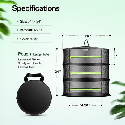VIVOSUN 3-Layer Mesh Drying Rack Hanging Design with Green Zippers for Dehydrating, Indoor and Outdoor Pruning Shears Included