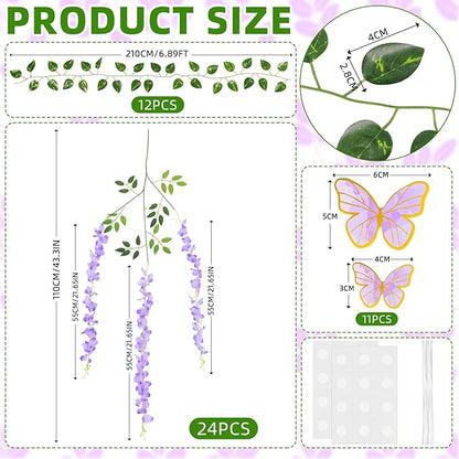 Canlierr 58 Pcs Fairy Party Garland Decoration Artificial Wisteria Hanging Flowers Garland 3.6 Feet Vine Rattan Ivy Greenery Butterfly Decor for Spring Home Garden Wedding Party (Purple)