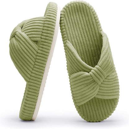 Chantomoo Slippers for Women Memory Foam House Bedroom Corduroy Bow Crossbands Slide Slipper Shoes Comfy Trendy Gift Slippers