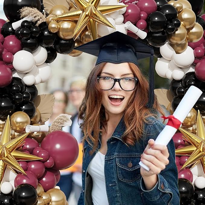 Burgundy Balloon Arch Garland Kit,Burgundy Maroon and Gold White Black Balloons Exploding Star Foil Balloons for New Year Decorations Graduation Retirement Birthday Wedding Party Supplies