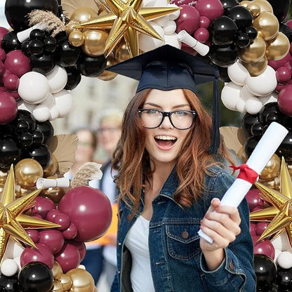 Burgundy Balloon Arch Garland Kit,Burgundy Maroon and Gold White Black Balloons Exploding Star Foil Balloons for New Year Decorations Graduation Retirement Birthday Wedding Party Supplies