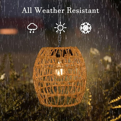 Livinlarge Boho Pendant Solar Light Rustic Hand-Woven Rattan Chandelier Coastal Retro Lamp Wedding Garden Courtyard Hallway Entryway Decoration.