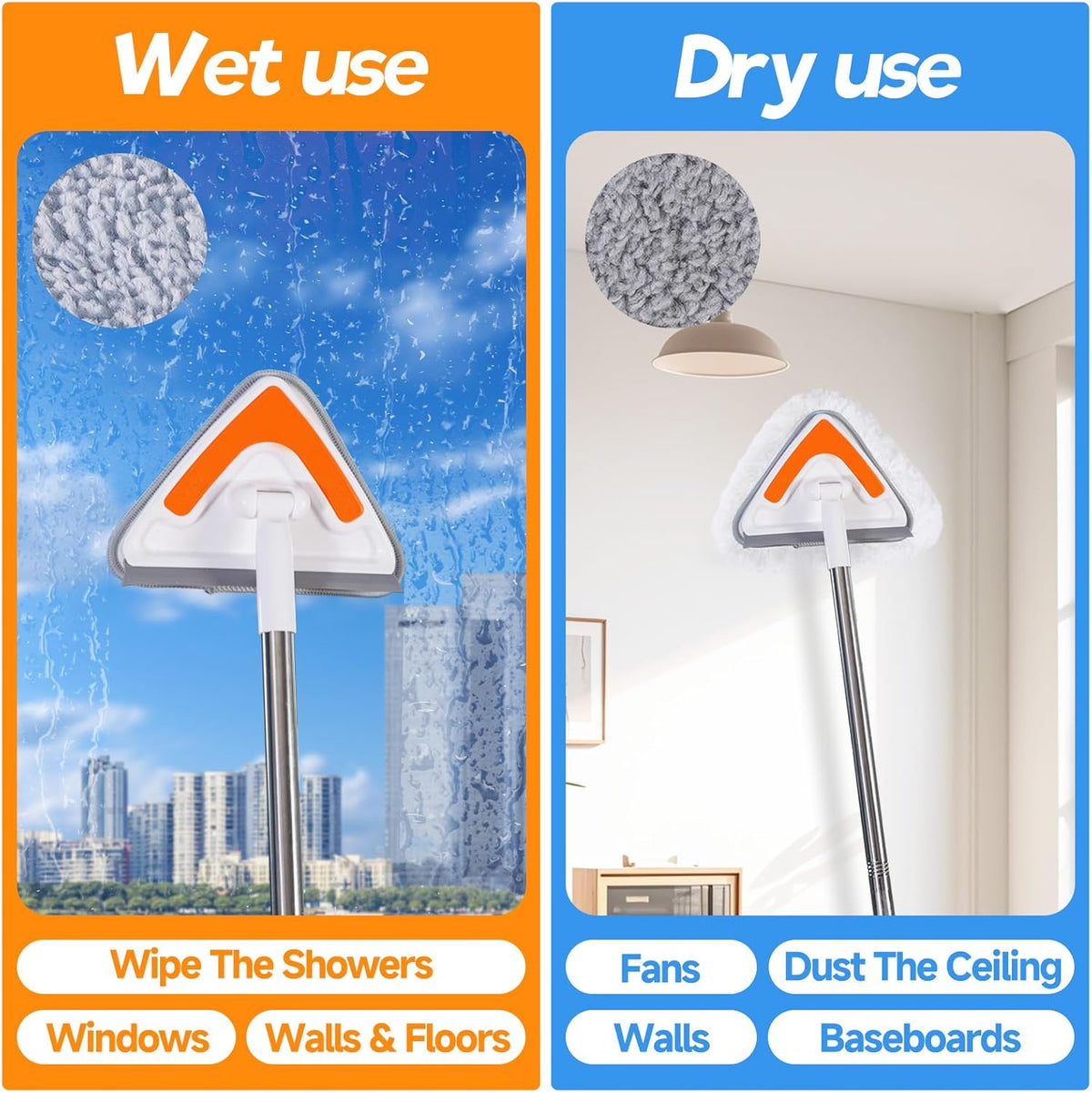 Wall Mop Cleaner with Long Handle,94” Multipurpose Wall Duster,Ceiling Mop,Window Mesh Screen Cleaner with Squeegee,Wall Cleaner Mops with 6 Replacement Pads for Painted Walls,Floor,Baseboard,Glasses