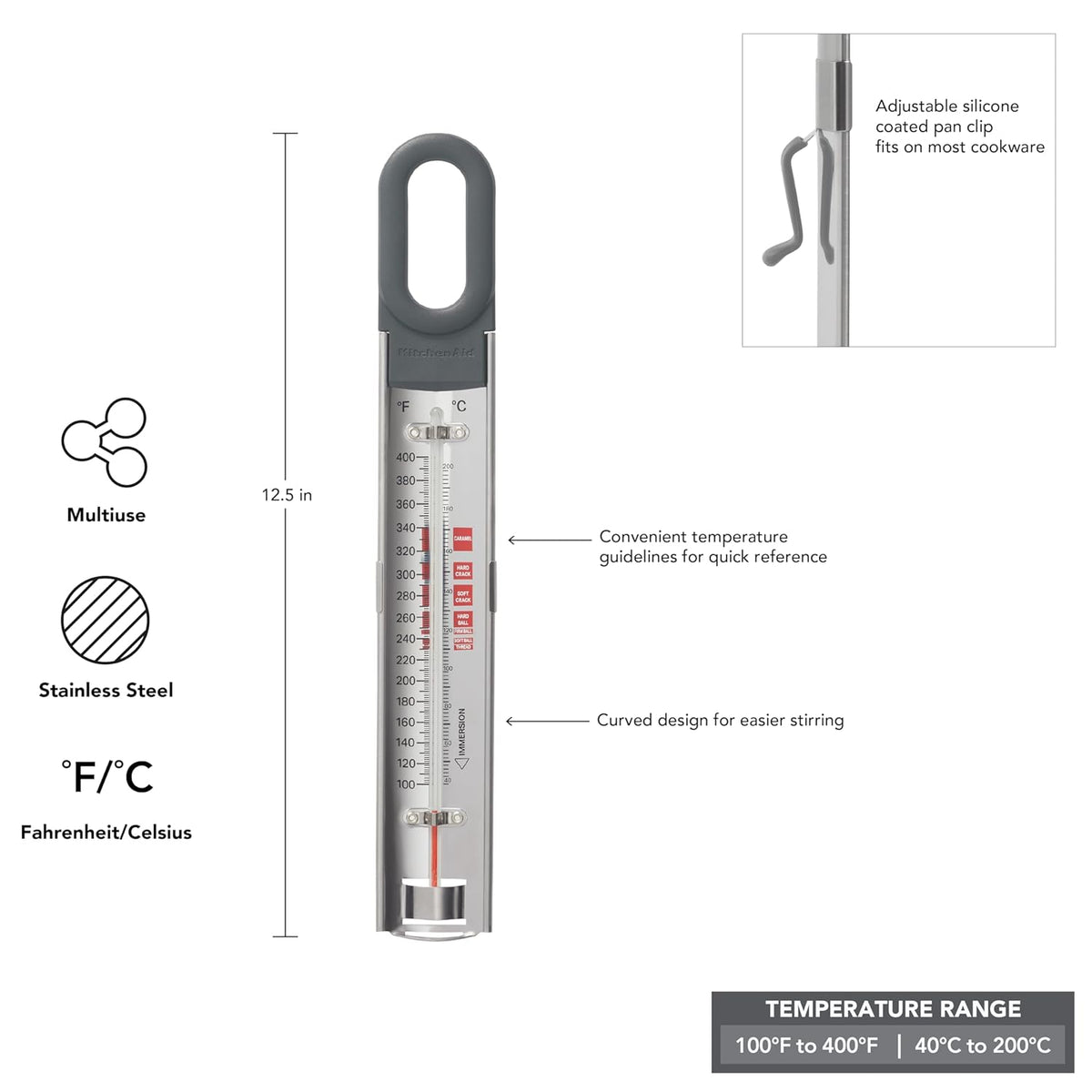 KitchenAid Curved Stainless Steel Paddle Style Candy and Deep Fry Thermometer with Pan Clip, Temperature Range 100F to 400F