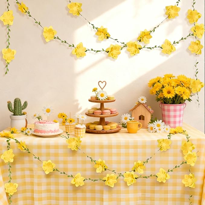 Wildflower Party Decorations 3D Narcissus Flower Garland (2PCS) Yellow Flower Garland Daffodil Decor for Wedding Graduations Easter Baby Shower Party Arch Garden Background