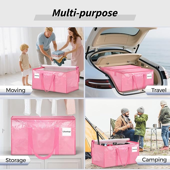 8 Pack Extra Large Heavy Duty Moving Bags, Pink Storage Bins with Lids, Reinforced Handles & Heavy-Duty Zippers Moving Boxes Storage Bags Totes for Clothes Packing, Dorms, College Supplies, Pink