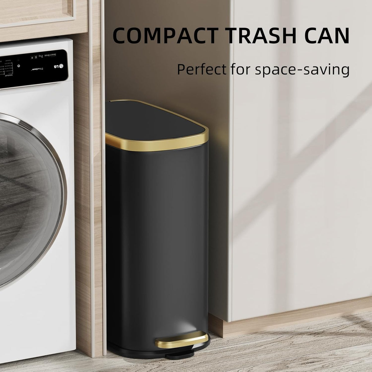 KUK Small Bathroom Trash Can with Lid Soft Close, Step Pedal, 2.4 Gal Stainless Steel Garbage Can with Removable Inner Bucket, Anti-Fingerprint Wastebasket for Office, Bedroom, Toilet (Black)