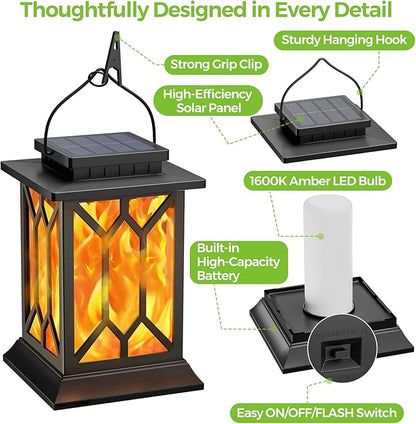 BOBKID 2 Pack Solar Lanterns Outdoor Waterproof, Flickering Flame Outdoor Lights, Hanging Solar Lantern Lamps Decorative, Solar Powered Lighting for Outside Garden Yard Patio Path Tree Decor