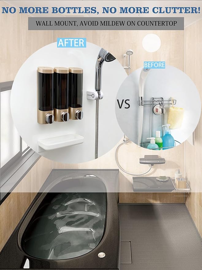 RANKADO Luxury Shower Soap Dispenser Bathroom with Tray,Drill Free Shampoo and Conditioner Dispenser with Mounting Tapes,Shower Soap Dispenser with Labels,Shampoo Dispenser for Shower Wall (Gold)