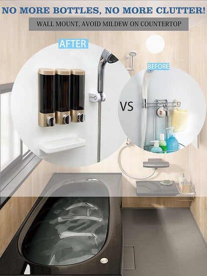 RANKADO Luxury Shower Soap Dispenser Bathroom with Tray,Drill Free Shampoo and Conditioner Dispenser with Mounting Tapes,Shower Soap Dispenser with Labels,Shampoo Dispenser for Shower Wall (Gold)