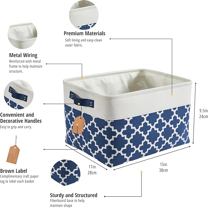DECOMOMO Blue Storage Bins Fabric Storage Baskets for Shelves, Linen Closet Organization Toys Nursery (Blue Patterns, Large - 3 Pack)