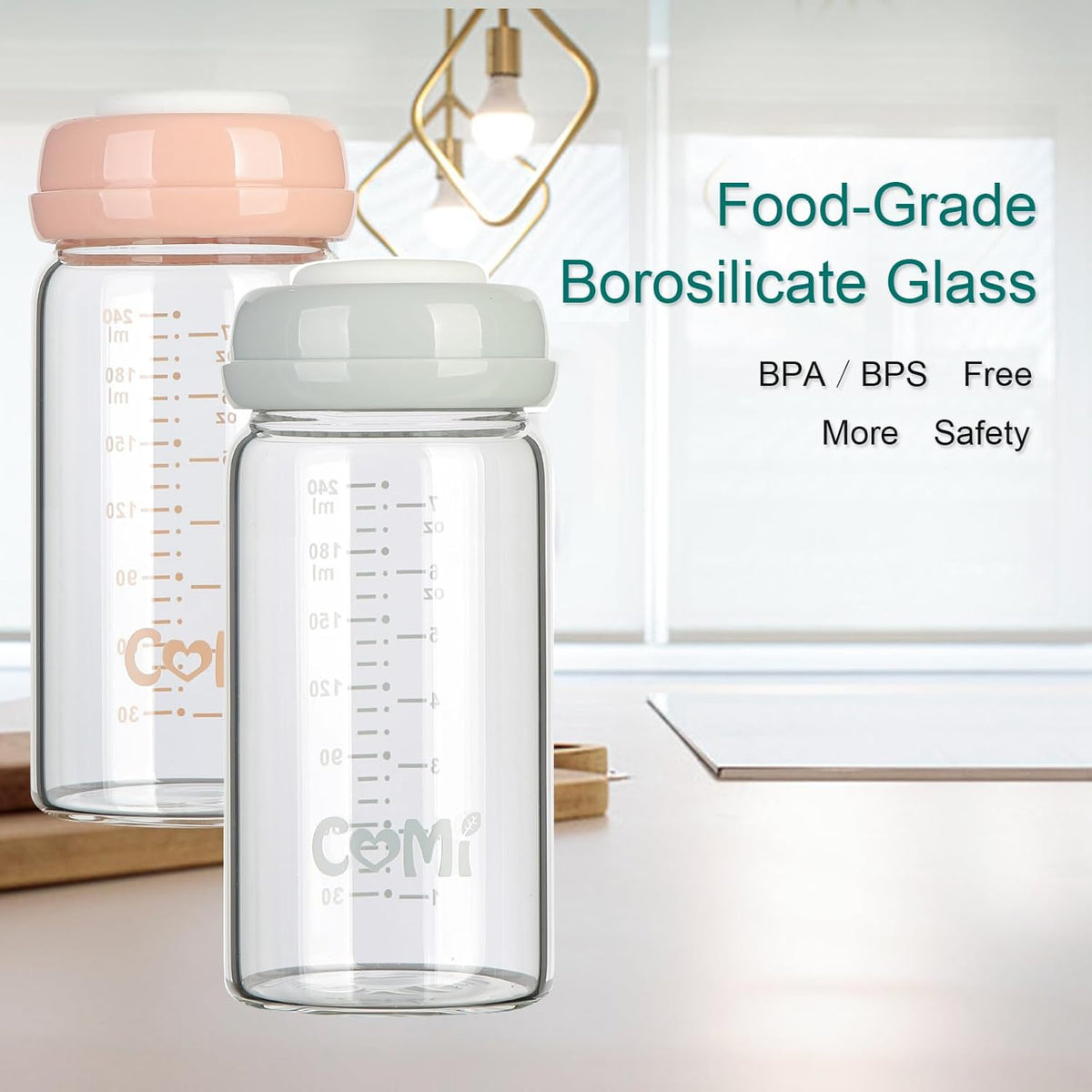 COMI Wide Neck Glass Breastmilk Collection n Storage Bottle, 6 Packs, 8oz with Screw Ring Sealing Disk; Re-markable Sealing Disc. BPA Free, Fits Breast Pumps & Nipples (3 Gray Lids + 3 Pink Lids)
