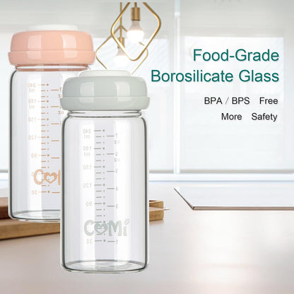 COMI Wide Neck Glass Breastmilk Collection n Storage Bottle, 6 Packs, 8oz with Screw Ring Sealing Disk; Re-markable Sealing Disc. BPA Free, Fits Breast Pumps & Nipples (3 Gray Lids + 3 Pink Lids)
