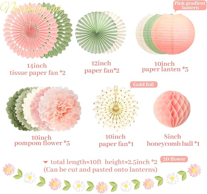 NICROHOME EUR Wedding Decorations, 20 PCS Sage Green and Pink Tissue Pom Poms Paper Lanterns Paper Fans 3D Flower Garlands for Bridal Shower Baby Shower Women Girls Birthday Garden Party Decor
