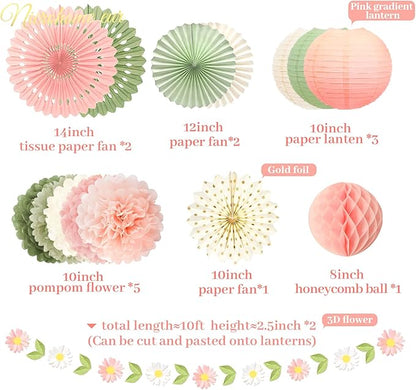 NICROHOME EUR Wedding Decorations, 20 PCS Sage Green and Pink Tissue Pom Poms Paper Lanterns Paper Fans 3D Flower Garlands for Bridal Shower Baby Shower Women Girls Birthday Garden Party Decor