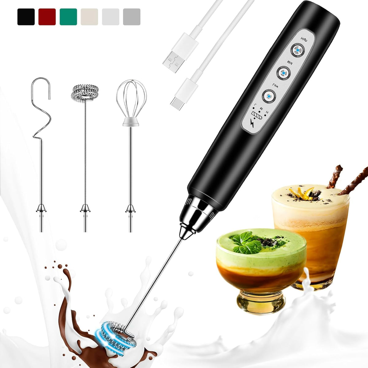 Milk Frother Handheld Rechargeable, Frother Wand Drink Mixer Electric Whisk for Coffee, Detachable With 3 Stainless Whisks, Hand Mixer for Lattes, Cappuccino, Matcha, Egg, No Stand, Black
