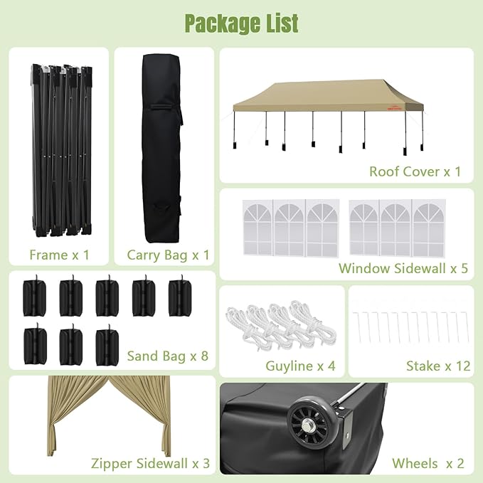 10x30 Heavy Duty Pop Up Canopy with 8 Sidewalls, 550D Commercial Easy Up Canopy Tent, Waterproof Outdoor Party Event Tent with Roller Bag, Khaki