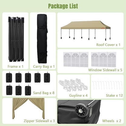 10x30 Heavy Duty Pop Up Canopy with 8 Sidewalls, 550D Commercial Easy Up Canopy Tent, Waterproof Outdoor Party Event Tent with Roller Bag, Khaki