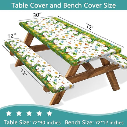 Dinosaur Picnic Table Covers with Bench Covers, Jungle Dino Print Tablecloth, Outdoor Table Cover Set, Patio Camping Picnic Table Protector, 72x30 Inch