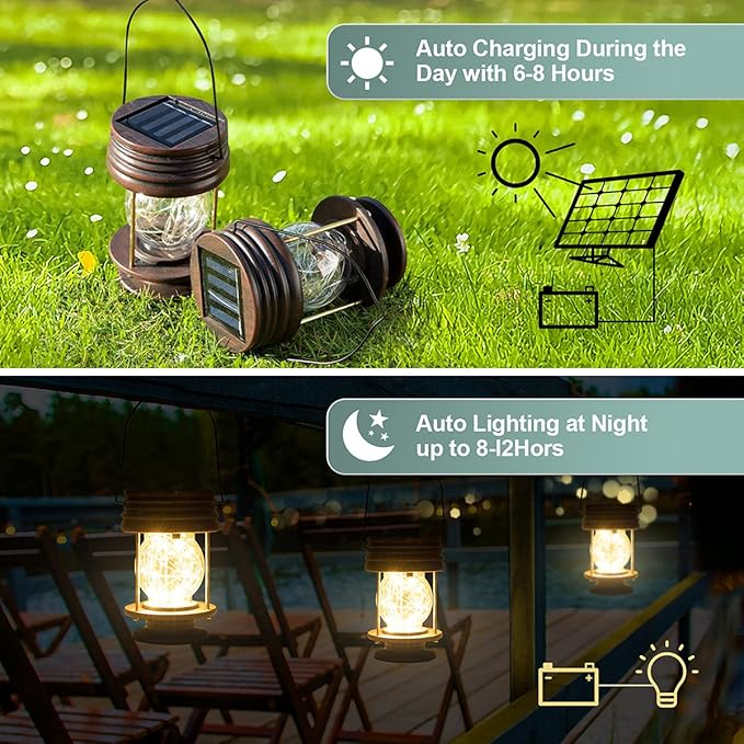 Solar Lanterns Outdoor Hanging Lights,2 Pack Waterproof Landscape Lights Solar Table Lamps with Retro Design, Warm Fairy Lights,Patio, Yard, Garden and Pathway Decor for Women Mom