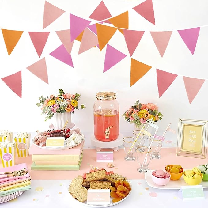 Zwiebeco 39Ft Orange Pink Fabric Bunting Banner Triangle Flags Party Decorations Hanging Cotton Garland Pennant for Engagement Wedding Baby Shower Birthday Festivals Nursery Home Outdoor Garden