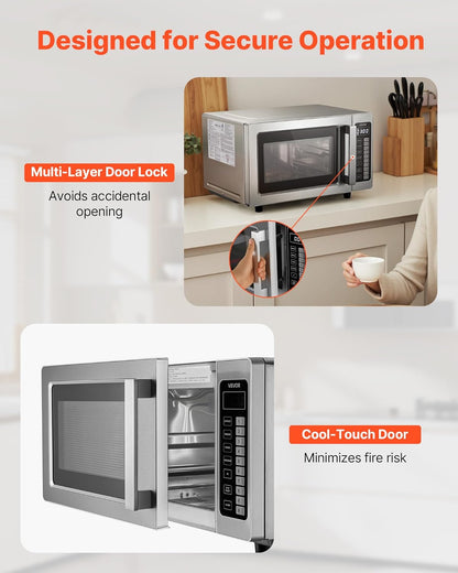 VEVOR Countertop Microwave Oven, 0.9 Cu Ft, 1000W Digital Stainless Steel Microwave Oven with Touchscreen, 10 Cooking Presets, 5 Power Levels, Multi-Lock Door & Easy Clean Interior for Commercial Use