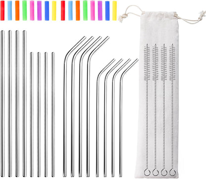 Lazycorner 16 Pcs Metal Straw Reusable 8.5" 10.5" 6mm Stainless Steel Straws for Kids,20oz-32oz, Silver Drinking Straws with Silicone Tips