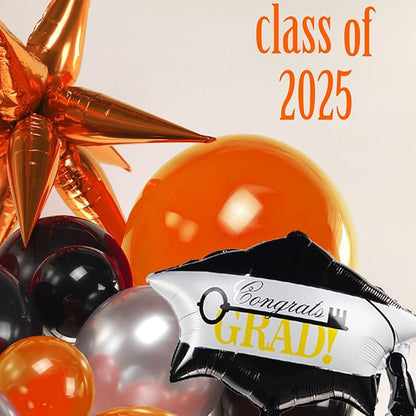 Black orange and silver Balloon Garland Arch Kit 130Pcs with orange and Silver Stars Graduation Certificate Graduation Cap crown GRAD Letters Mylar Balloons for 2025 GRAD Prom Decorations