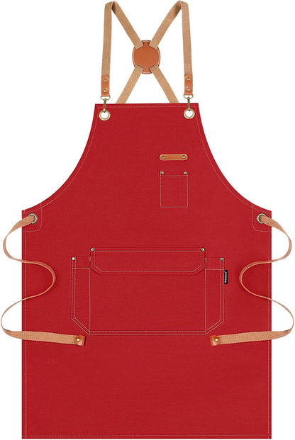 Genixart Chef Apron for Men Women with Gift Box Pack, Cross Back Apron with Pockets for Kitchen Cooking Baking Artist Painting, Cotton Canvas Work Aprons for Shop, Garden, Restaurant, Cafe (Red)