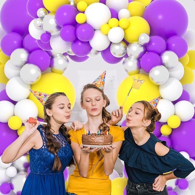 Purple Yellow White Balloon Garland Arch Kit - 122pcs, 12in, 10in, 5in Balloons, Metallic Silver, Basketball Birthday Party Decorations