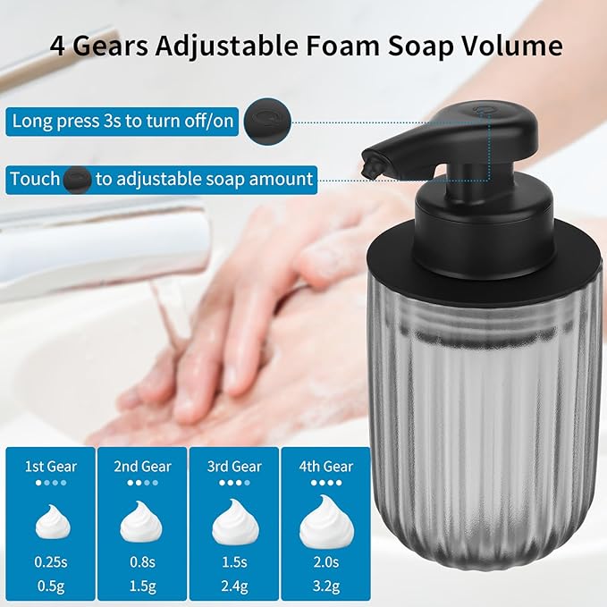Automatic Soap Dispenser Touchless-Rechargeable,Foam soap Dispenser-4 Adjustable Levels,4 Power Indicators-13.4oz-Suitable for Kitchen and Bathroom