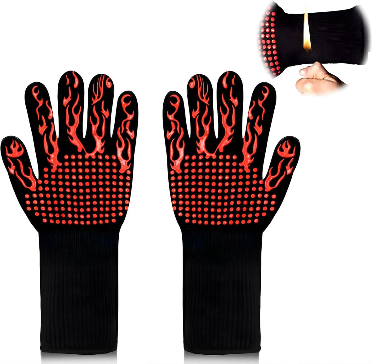 1 Pair Grill Oven Mitts, 1472°F Heat Resistant BBQ Gloves for Cooking, Non-Slip Silicone Oven Gloves, Barbecue Grill Gloves BBQ Mitts (Red-Flame Pattern)