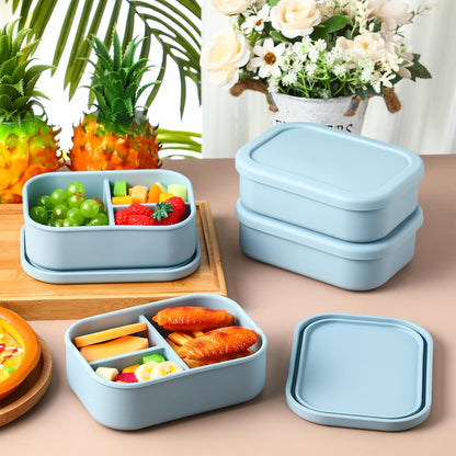 Honeydak 4 Pcs Silicone Bento Lunch Box 3 Compartment Reusable Leakproof Silicone Bento Lunch Container for Adults Microwave Dishwasher Freezer Safe(Blue)