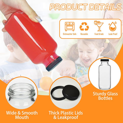 12 Pack 12oz Glass Drink Bottles with Lids, 360ml Vintage Glass Water Bottles with Caps, Reusable Juice Containers Drinking Jars for Juicing, Milk
