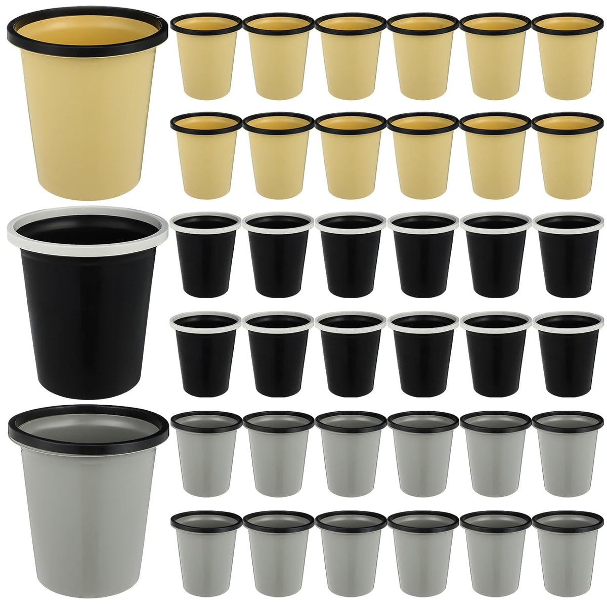 Maxdot 36 Pcs Bathroom Trash Cans Bulk 2 Gallon Small Waste basket Round Garbage Can Plastic Trash Bin Small Container for Home Dorm Kitchen Office Living Room Study Compact Spaces(Black, Beige, Gray)